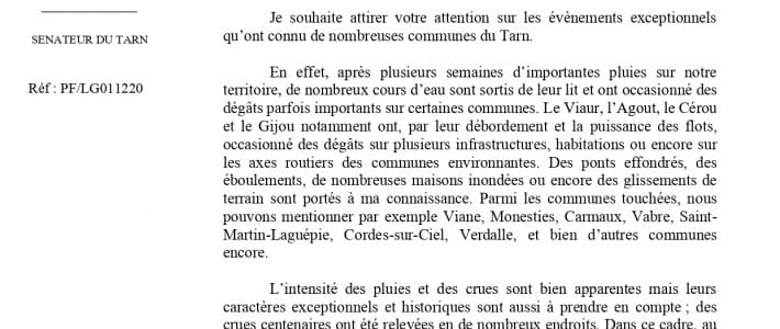 Le Tarn touché par des crues exceptionnelles, Philippe Folliot intervient en faveur de la reconnaissance de catastrophe naturelle
