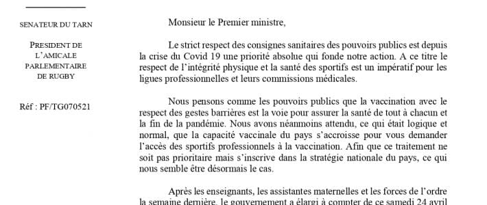 Philippe Folliot et 40 cosignataires demandent au Premier ministre la vaccination des rugbymen professionnels Philippe Folliot et 40 cosignataires demandent au Premier ministre la vaccination des rugbymen professionnels